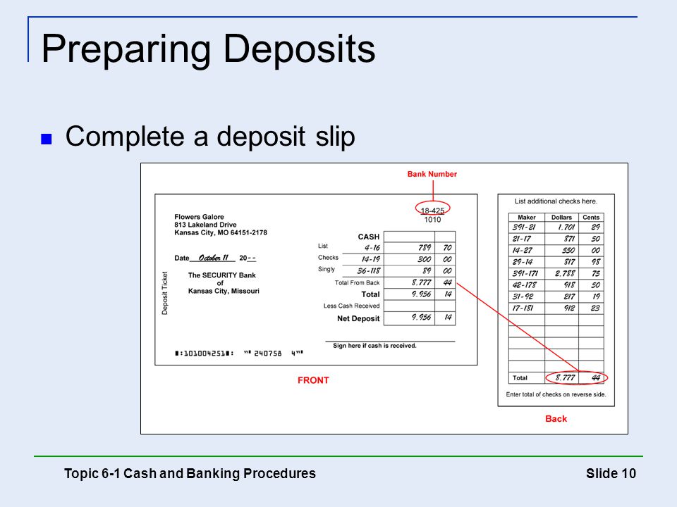 Preparing Deposits Complete a deposit slip