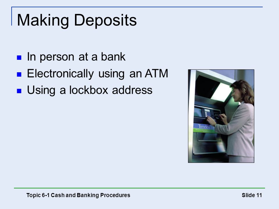 Making Deposits In person at a bank Electronically using an ATM