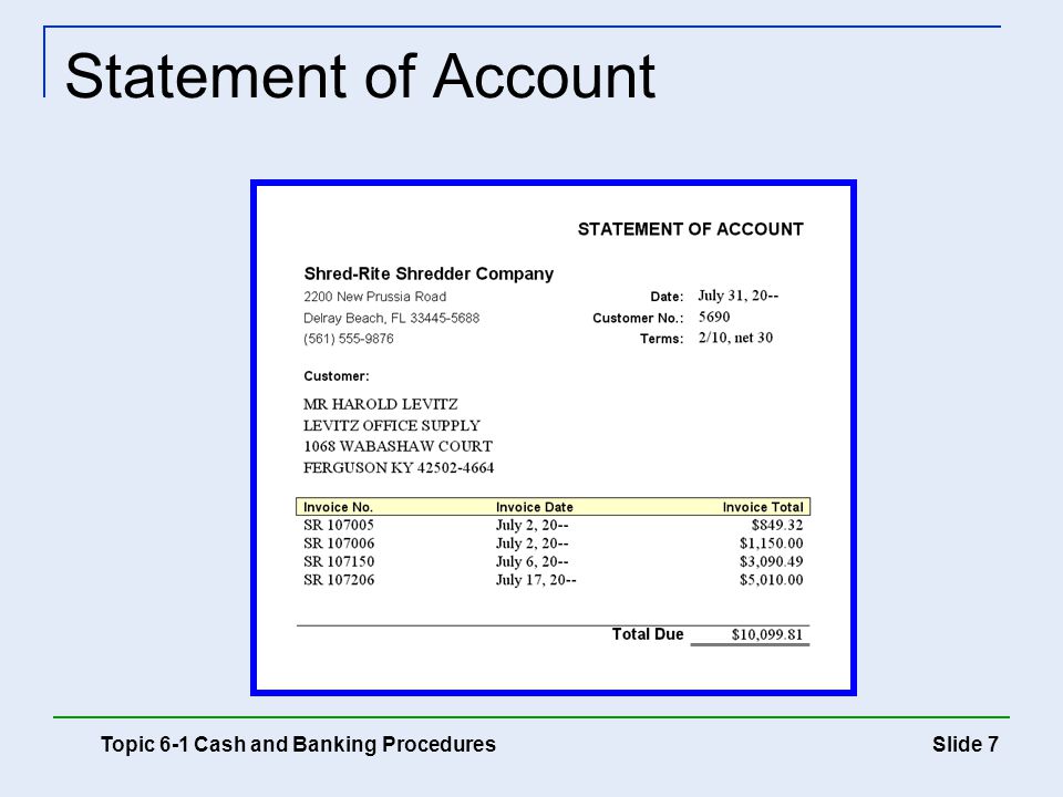 Statement of Account Topic 6-1 Cash and Banking Procedures