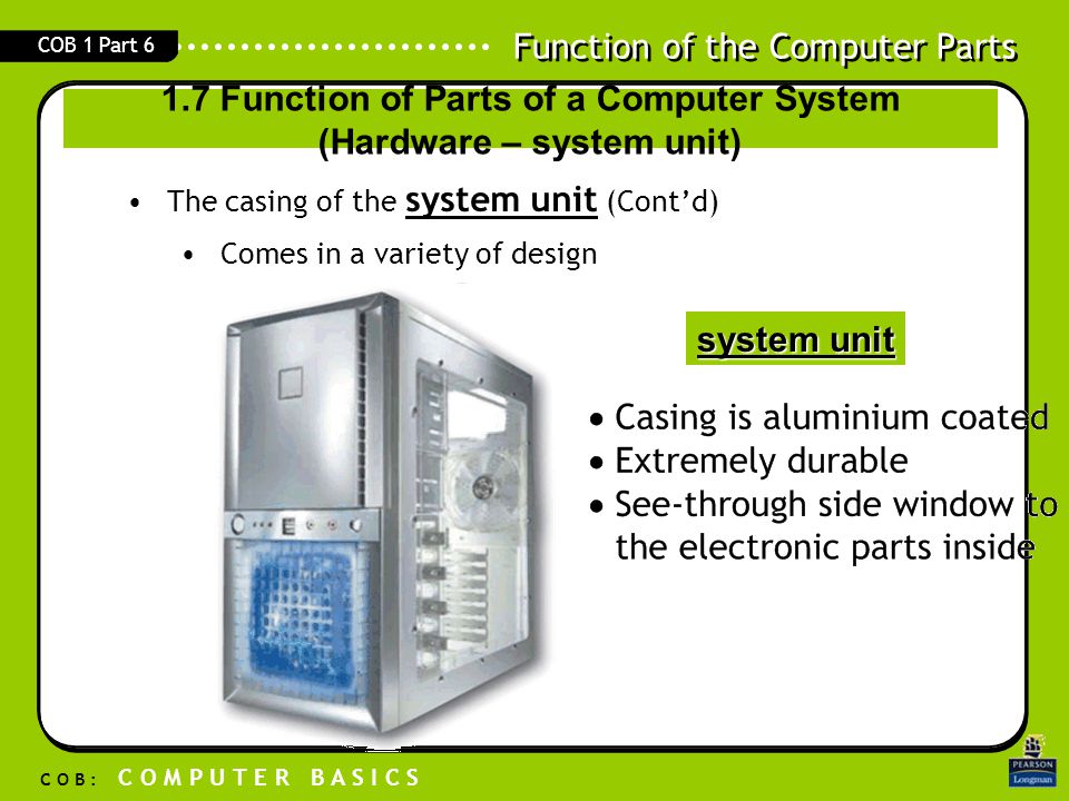 1.7 Function of Parts of a Computer System (Hardware – system unit)