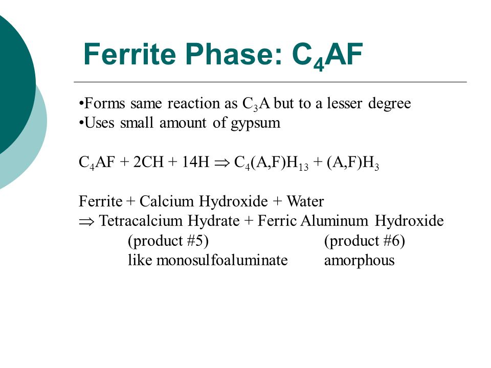 Ferrite Phase: C4AF Forms same reaction as C3A but to a lesser degree