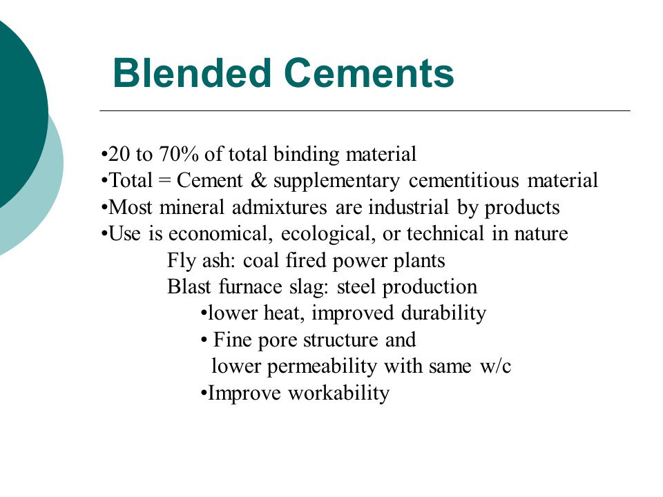 Blended Cements 20 to 70% of total binding material