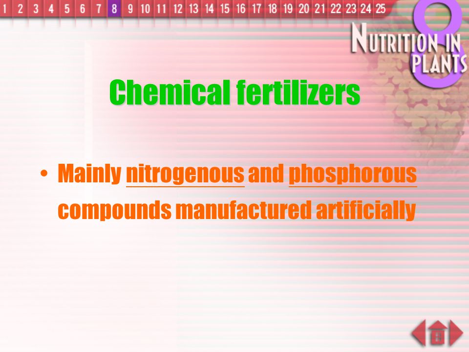 Chemical fertilizers Mainly nitrogenous and phosphorous compounds manufactured artificially