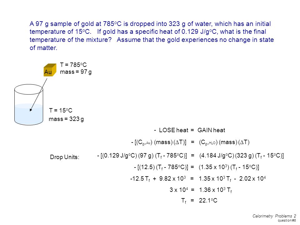 A 97 g sample of gold at 785oC is dropped into 323 g of water, which has an initial