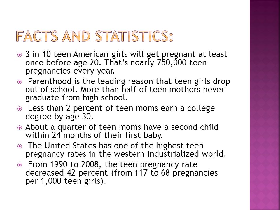 Facts and statistics: 3 in 10 teen American girls will get pregnant at least once before age 20. That’s nearly 750,000 teen pregnancies every year.