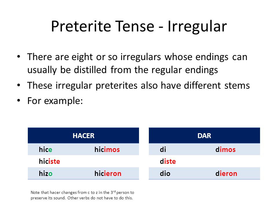 Note that hizo (the él/ella/usted form of hacer) is spelt with a z. Preterite Tense Ppt Download