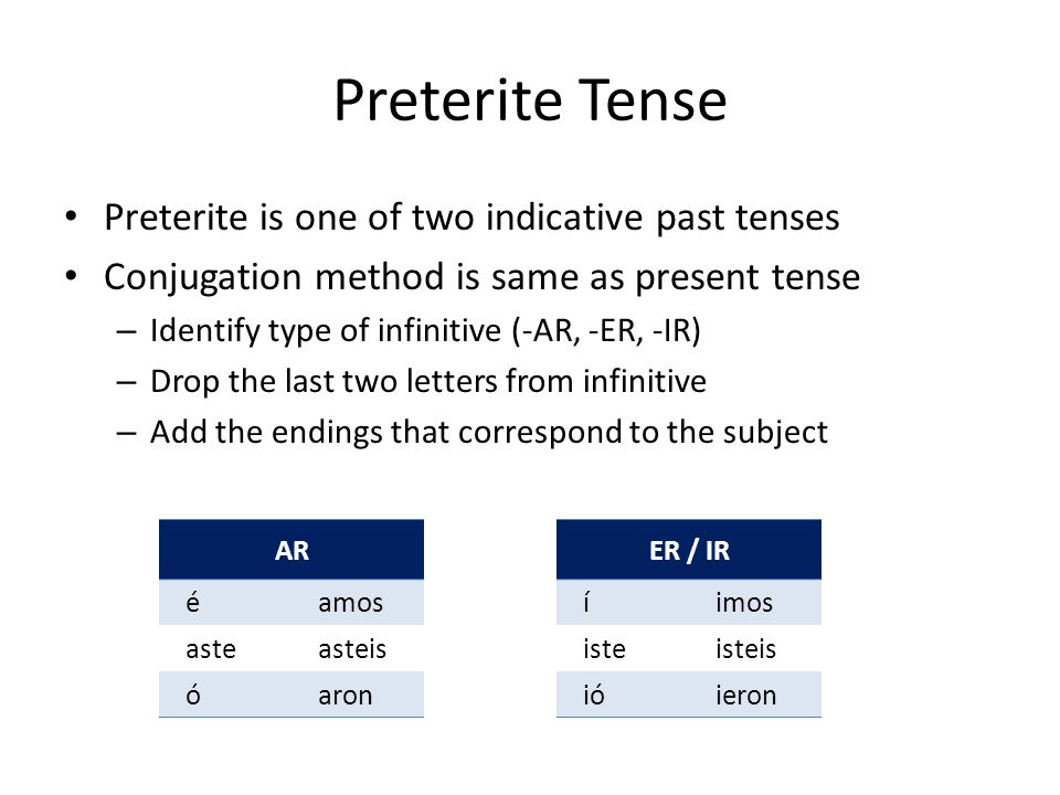 Preterite Tense Preterite is one of two indicative past tenses