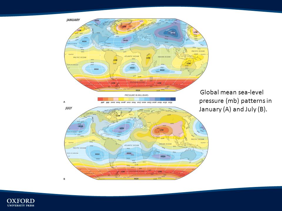 Global mean sea-level pressure (mb) patterns in January (A) and July (B).