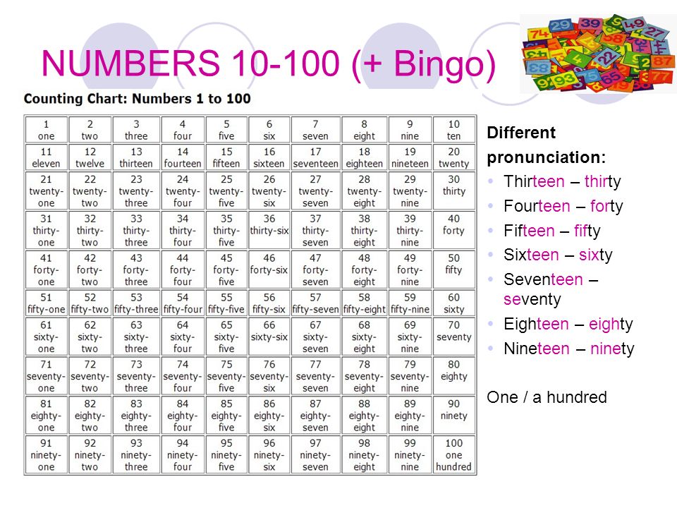 NUMBERS (+ Bingo) Different pronunciation: Thirteen – thirty