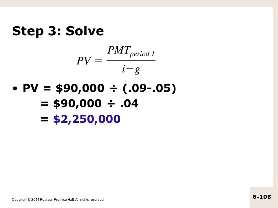 Step 3: Solve PV = $90,000 ÷ ( ) = $90,000 ÷ .04 = $2,250,000