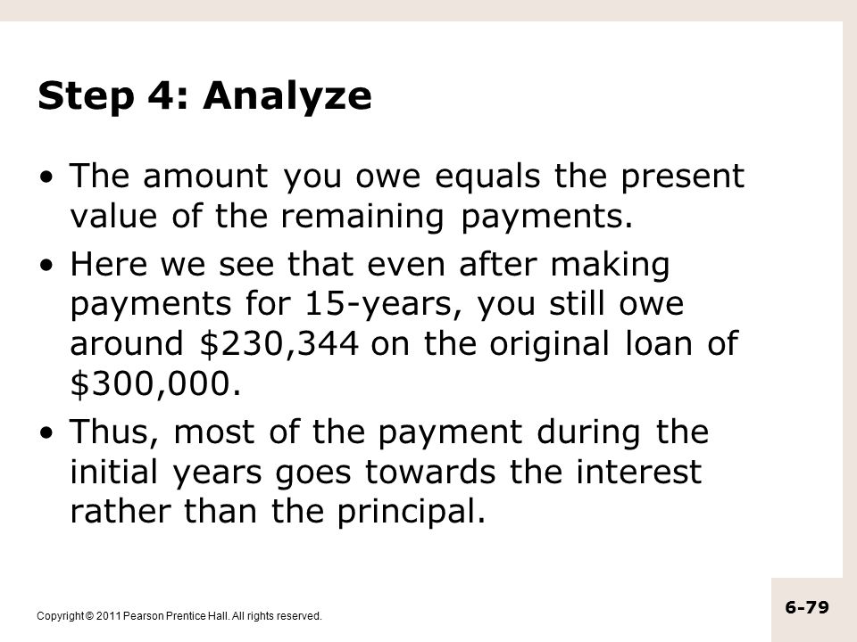 Step 4: Analyze The amount you owe equals the present value of the remaining payments.