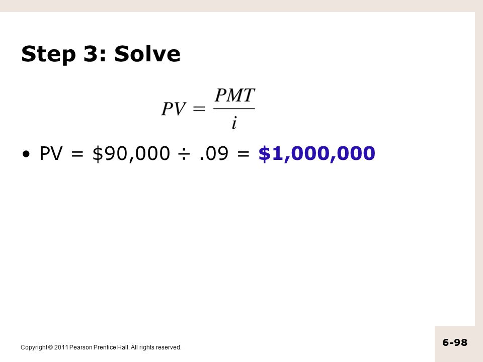 Step 3: Solve PV = $90,000 ÷ .09 = $1,000,000