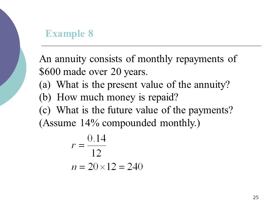 Example 8 An annuity consists of monthly repayments of $600 made over 20 years. (a) What is the present value of the annuity