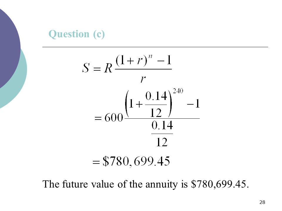 Question (c) The future value of the annuity is $780,