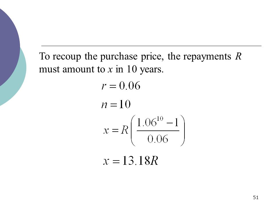 To recoup the purchase price, the repayments R must amount to x in 10 years.