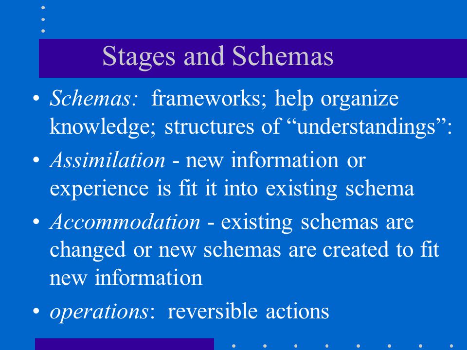 Stages and Schemas Schemas: frameworks; help organize knowledge; structures of understandings :