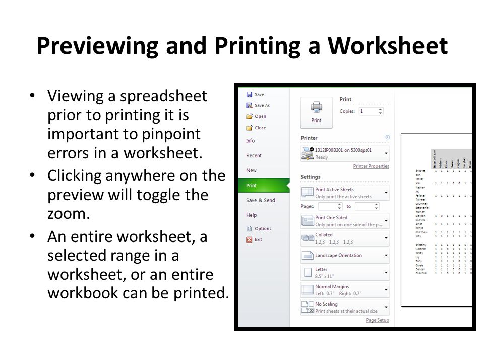 Previewing and Printing a Worksheet