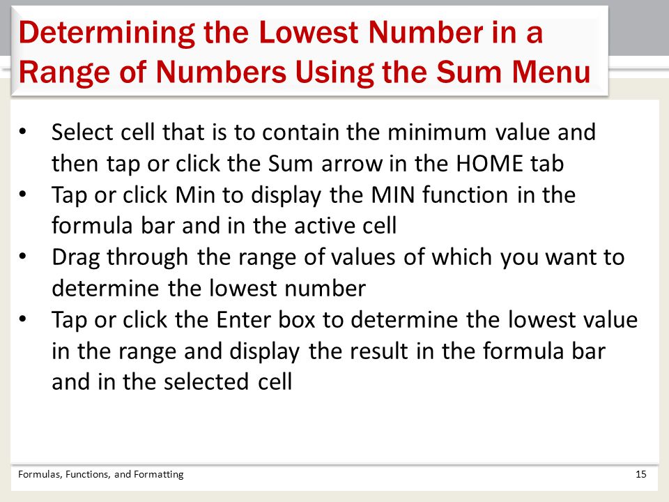 Determining the Lowest Number in a Range of Numbers Using the Sum Menu