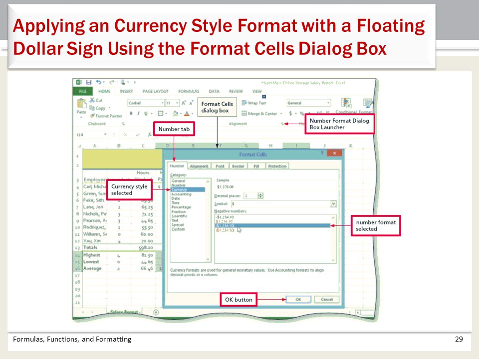 Applying an Currency Style Format with a Floating Dollar Sign Using the Format Cells Dialog Box