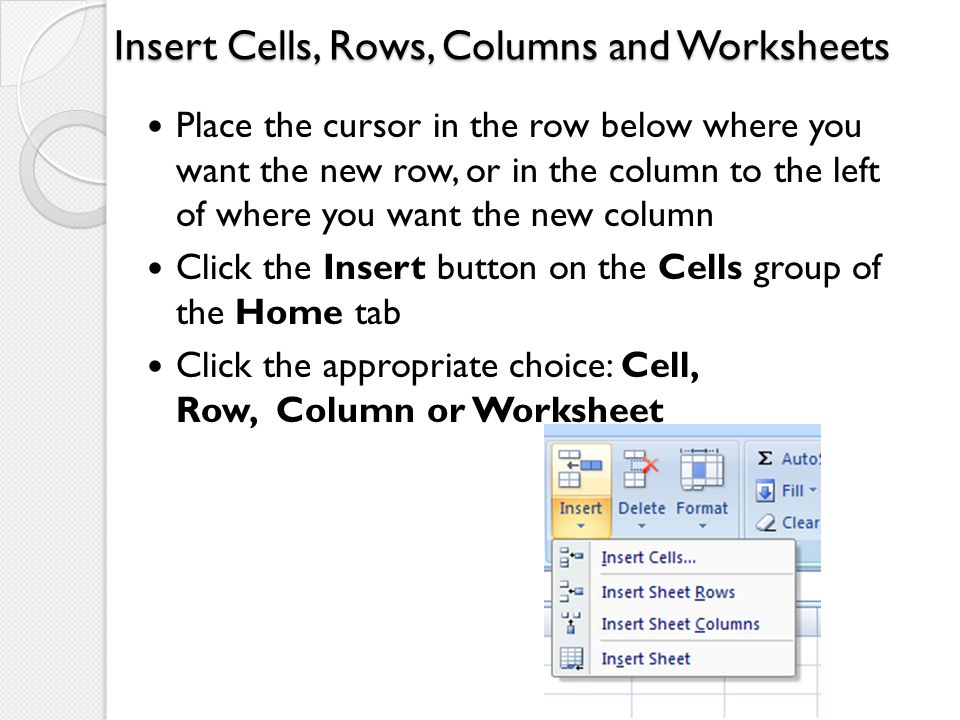Insert Cells, Rows, Columns and Worksheets
