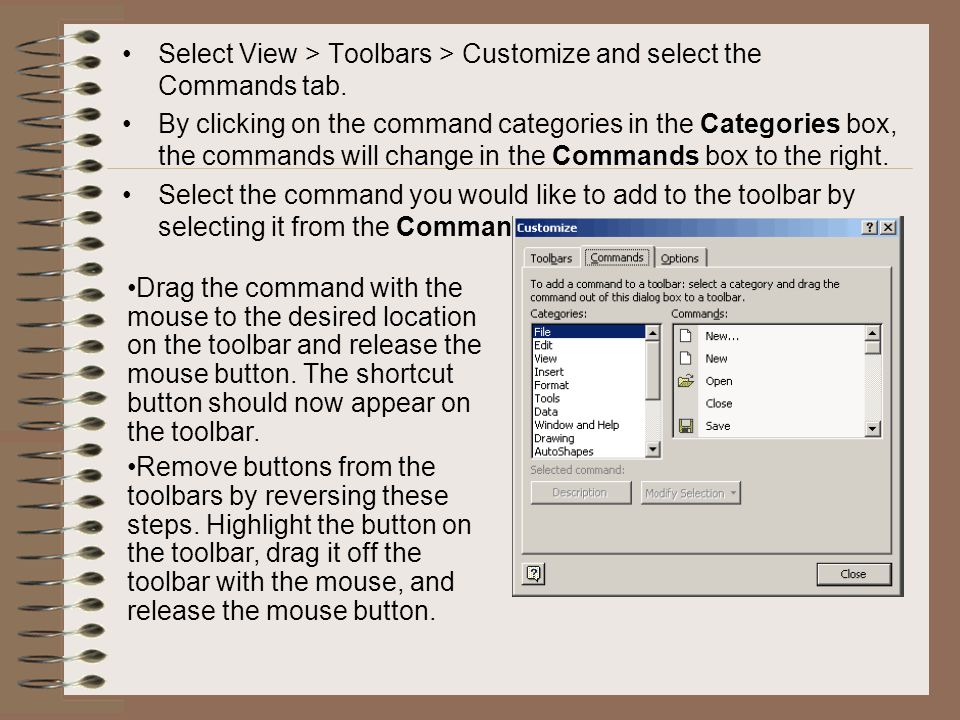 Select View > Toolbars > Customize and select the Commands tab.