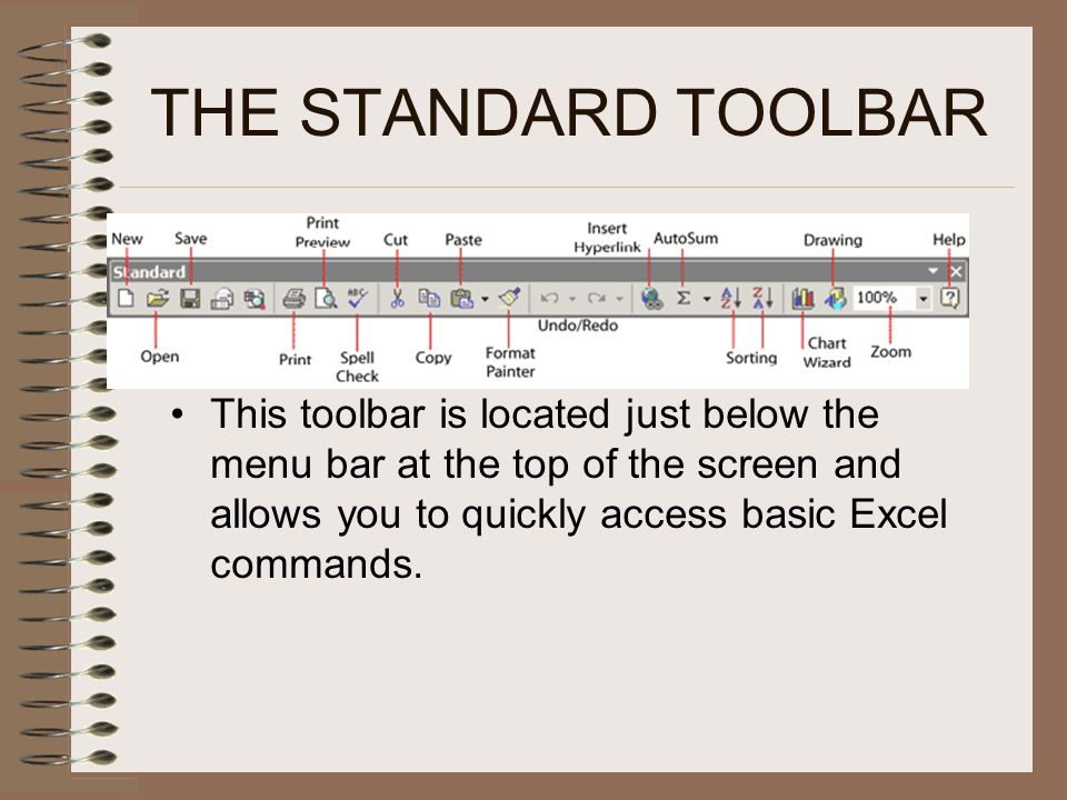 THE STANDARD TOOLBAR This toolbar is located just below the menu bar at the top of the screen and allows you to quickly access basic Excel commands.