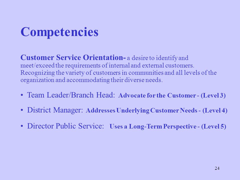 Competencies Customer Service Orientation- a desire to identify and