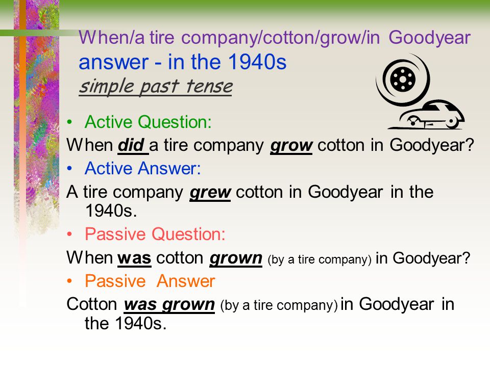 When/a tire company/cotton/grow/in Goodyear answer - in the 1940s simple past tense