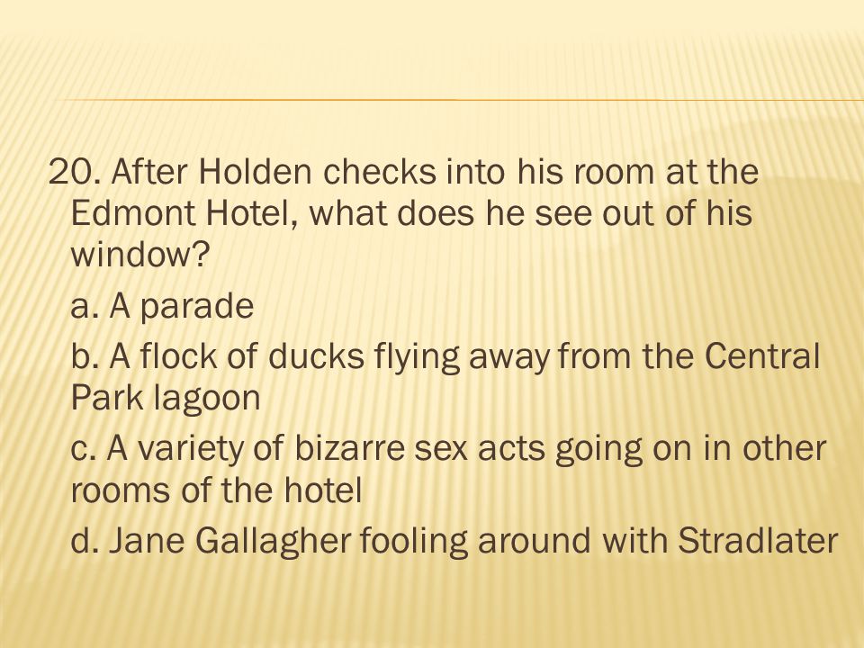 20. After Holden checks into his room at the Edmont Hotel, what does he see out of his window.
