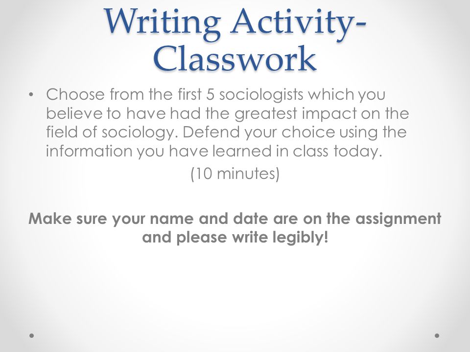 Writing Activity- Classwork
