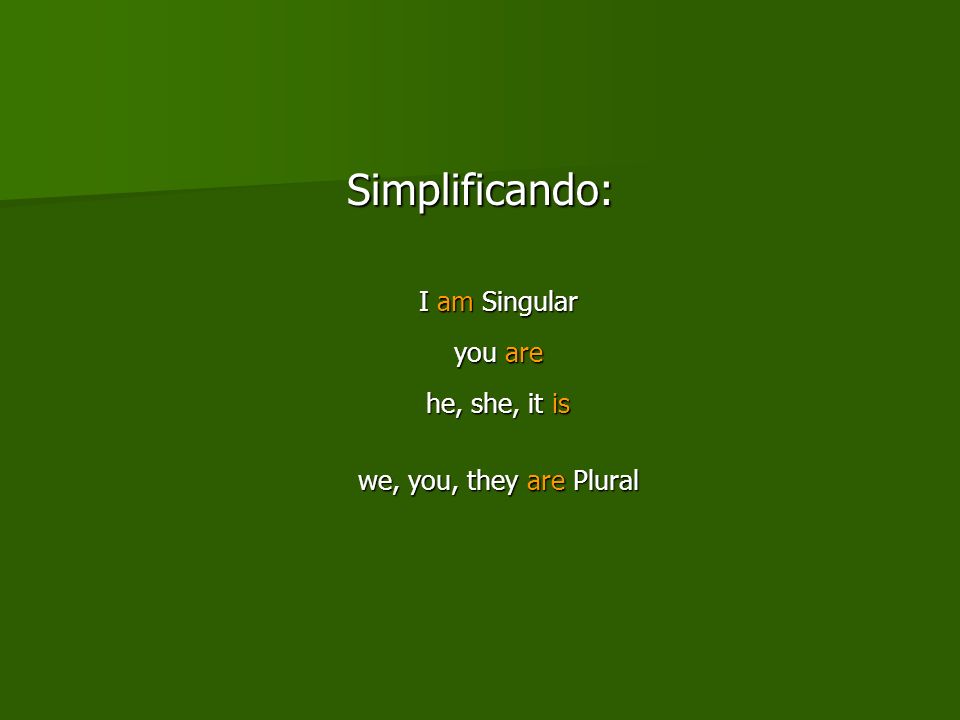 Simplificando: I am Singular you are he, she, it is we, you, they are Plural