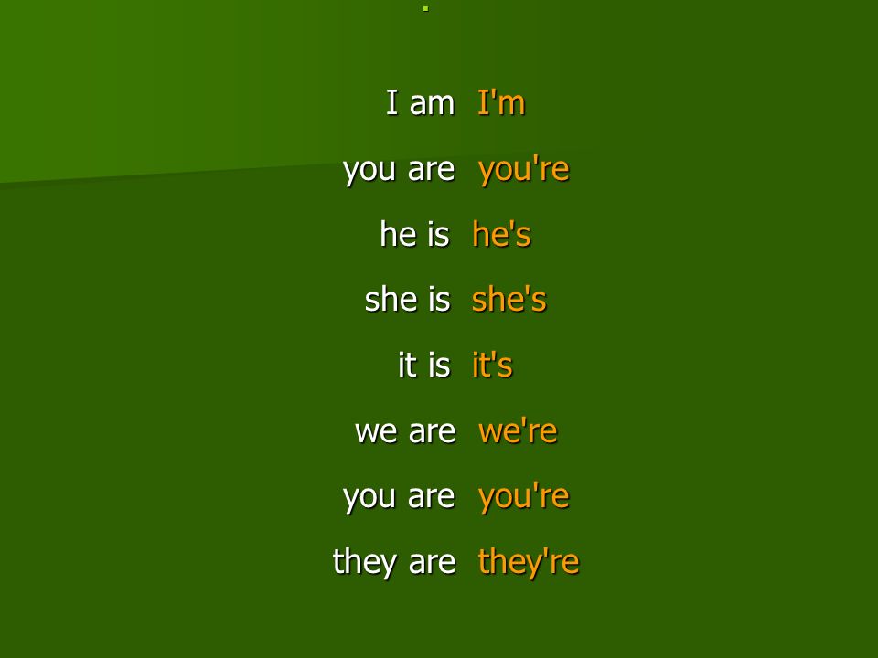 I am I m you are you re he is he s she is she s it is it s we are we re you are you re they are they re