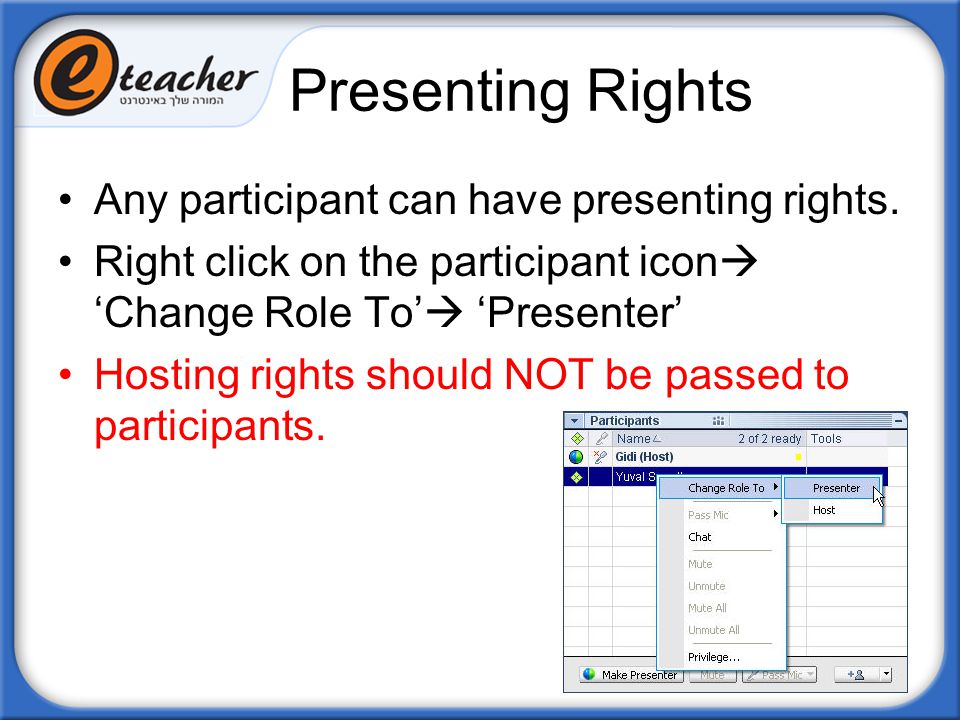 Presenting Rights Any participant can have presenting rights.