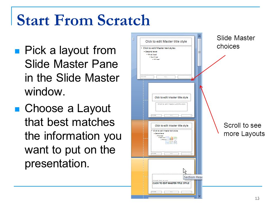 Start From Scratch Slide Master choices. Pick a layout from Slide Master Pane in the Slide Master window.