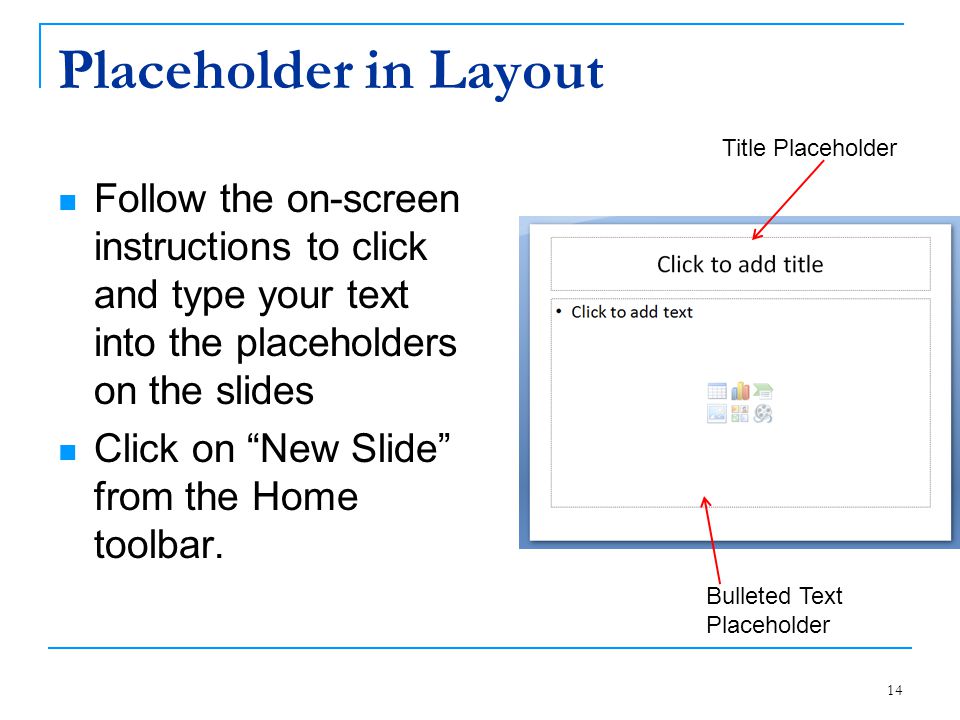Placeholder in Layout Title Placeholder. Follow the on-screen instructions to click and type your text into the placeholders on the slides.