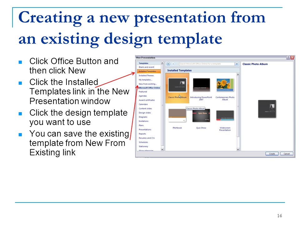 Creating a new presentation from an existing design template