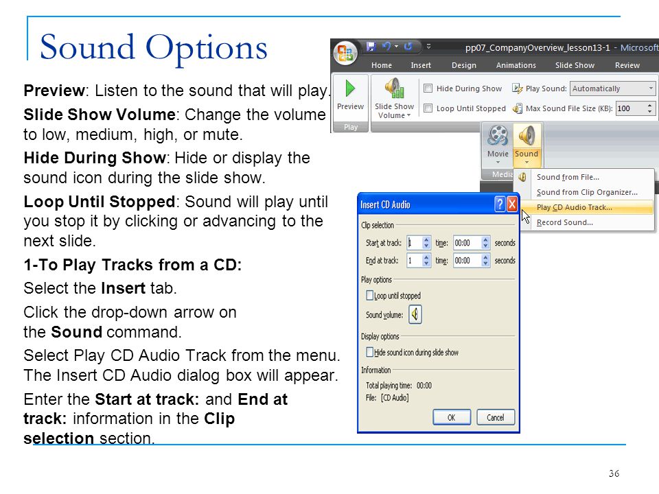 Sound Options Preview: Listen to the sound that will play.