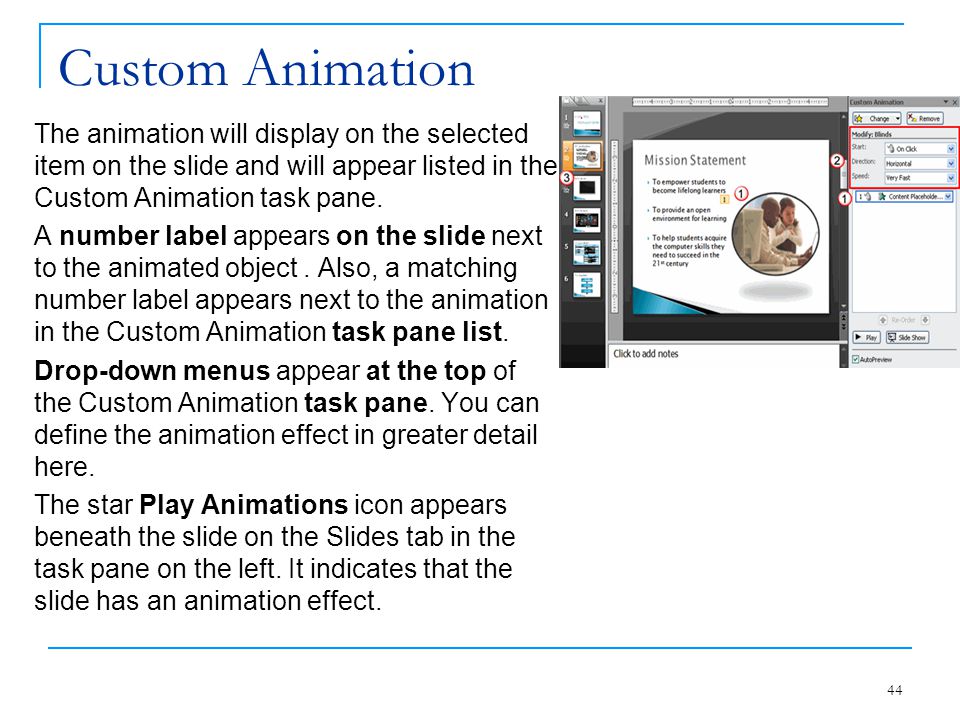 Custom Animation The animation will display on the selected item on the slide and will appear listed in the Custom Animation task pane.