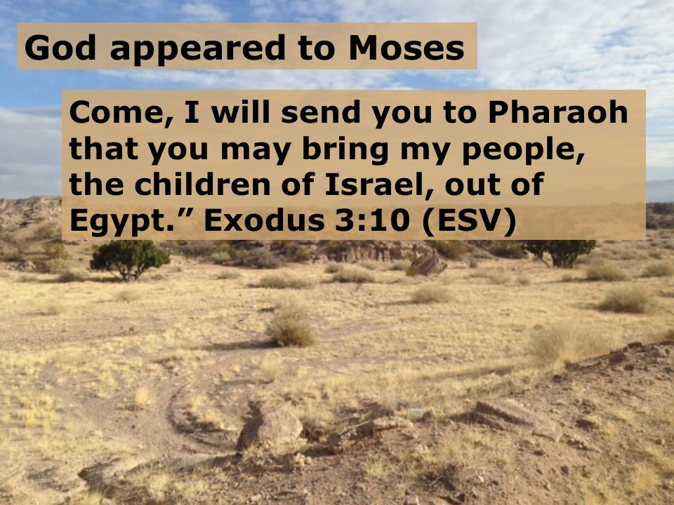 God appeared to Moses Come, I will send you to Pharaoh that you may bring my people, the children of Israel, out of Egypt. Exodus 3:10 (ESV)