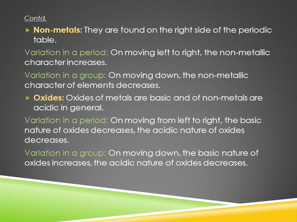 Non-metals: They are found on the right side of the periodic table.
