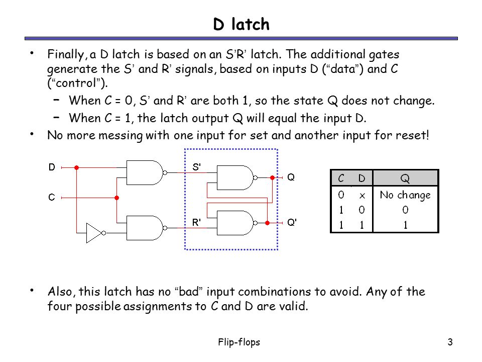 Flip-Flops Last time, we saw how latches can be used as memory in a  circuit. Latches introduce new problems: We need to know when to enable a  latch. We. - ppt download