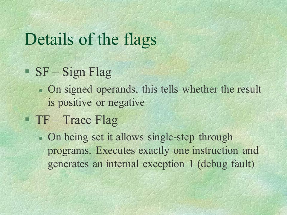 Details of the flags SF – Sign Flag TF – Trace Flag