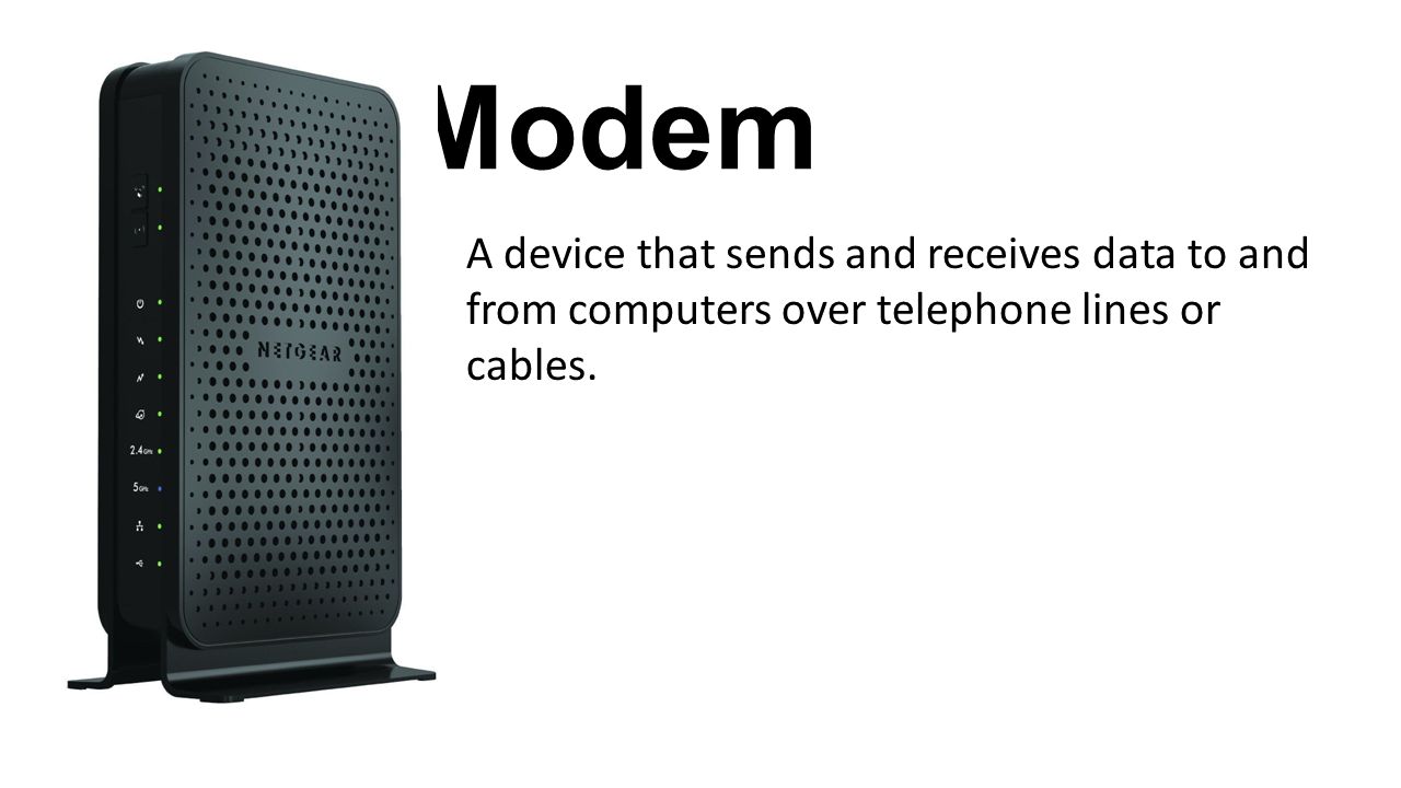 Modem A device that sends and receives data to and from computers over telephone lines or cables.
