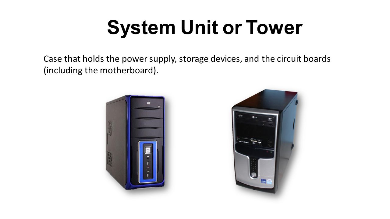 System Unit or Tower Case that holds the power supply, storage devices, and the circuit boards (including the motherboard).