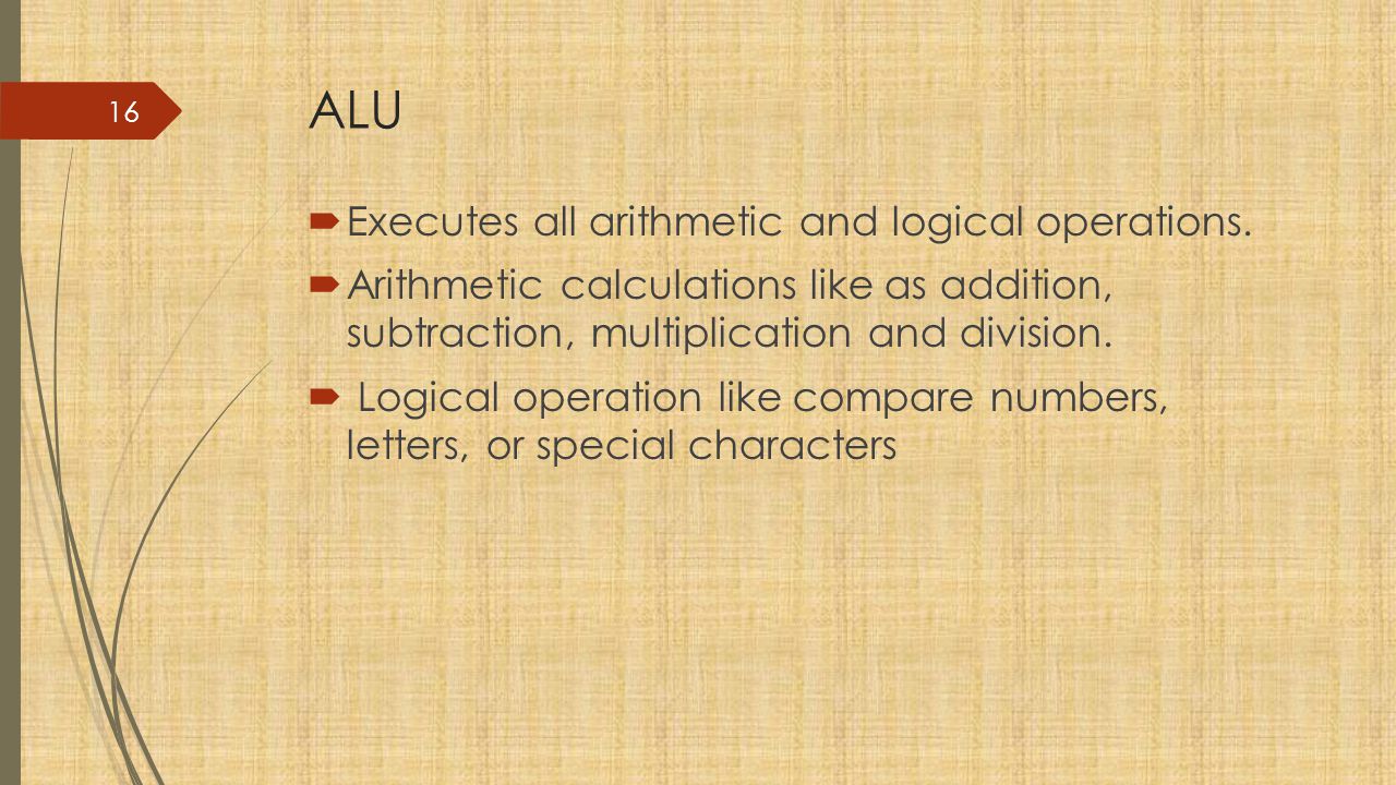 ALU Executes all arithmetic and logical operations.