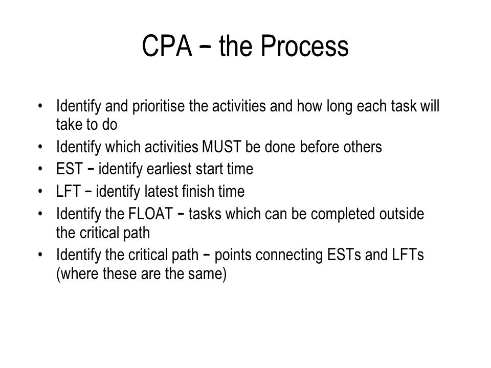 CPA – the Process Identify and prioritise the activities and how long each task will take to do.