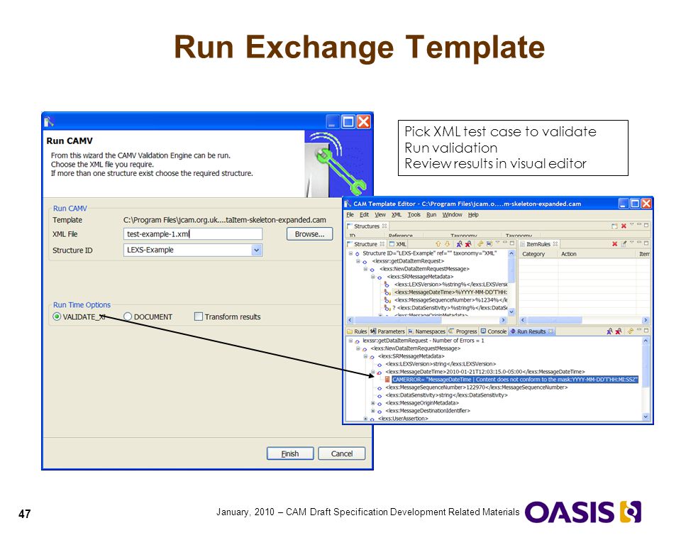 Run Exchange Template Pick XML test case to validate Run validation