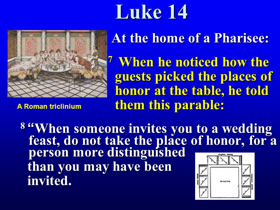 Luke 14 At the home of a Pharisee: 7 When he noticed how the