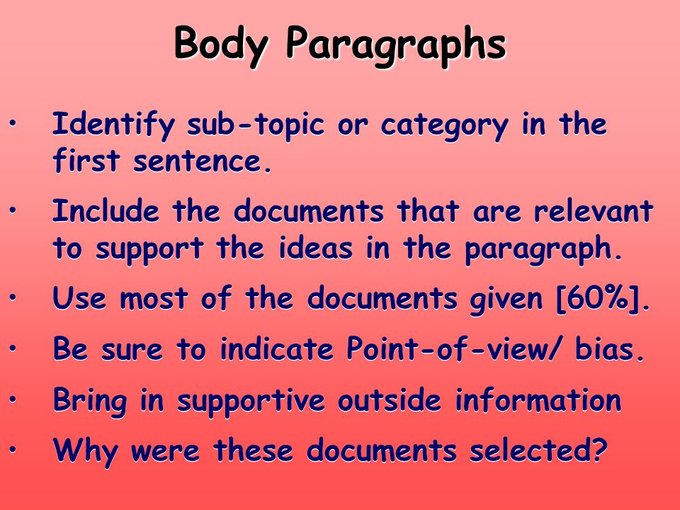 Body Paragraphs Identify sub-topic or category in the first sentence.
