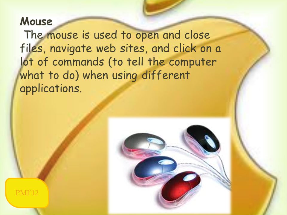 Mouse The mouse is used to open and close files, navigate web sites, and click on a lot of commands (to tell the computer what to do) when using different applications.